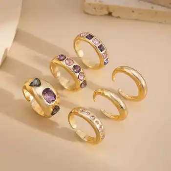 Ingemark 6件組創意鑲嵌紫色水鑽開口戒指組 女士2025時尚簡約金屬戒指首飾配件 10 最佳銷售 水鑽戒指 - №9