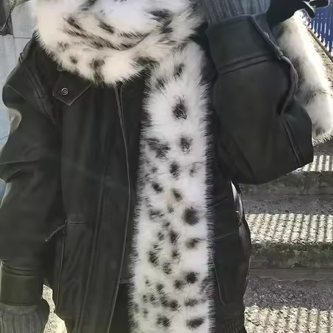 Korea Leopard Print Long Fur Scarfs Warm Plush Scarf Y2K Women Winter Padded Thickened Lengthened Faux Fur Shawl Outdoor RidingK