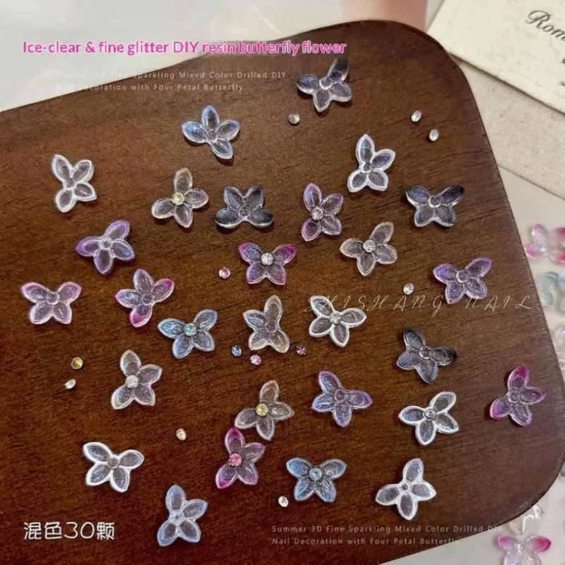 30 Stück 3D Glitzer-Harz-Schmetterlings-Blumen-Nagelanhänger mit glänzendem Strass-Mittelteil für DIY-Nagelkunst und Nagelstudio-Anwendung – Detail 5