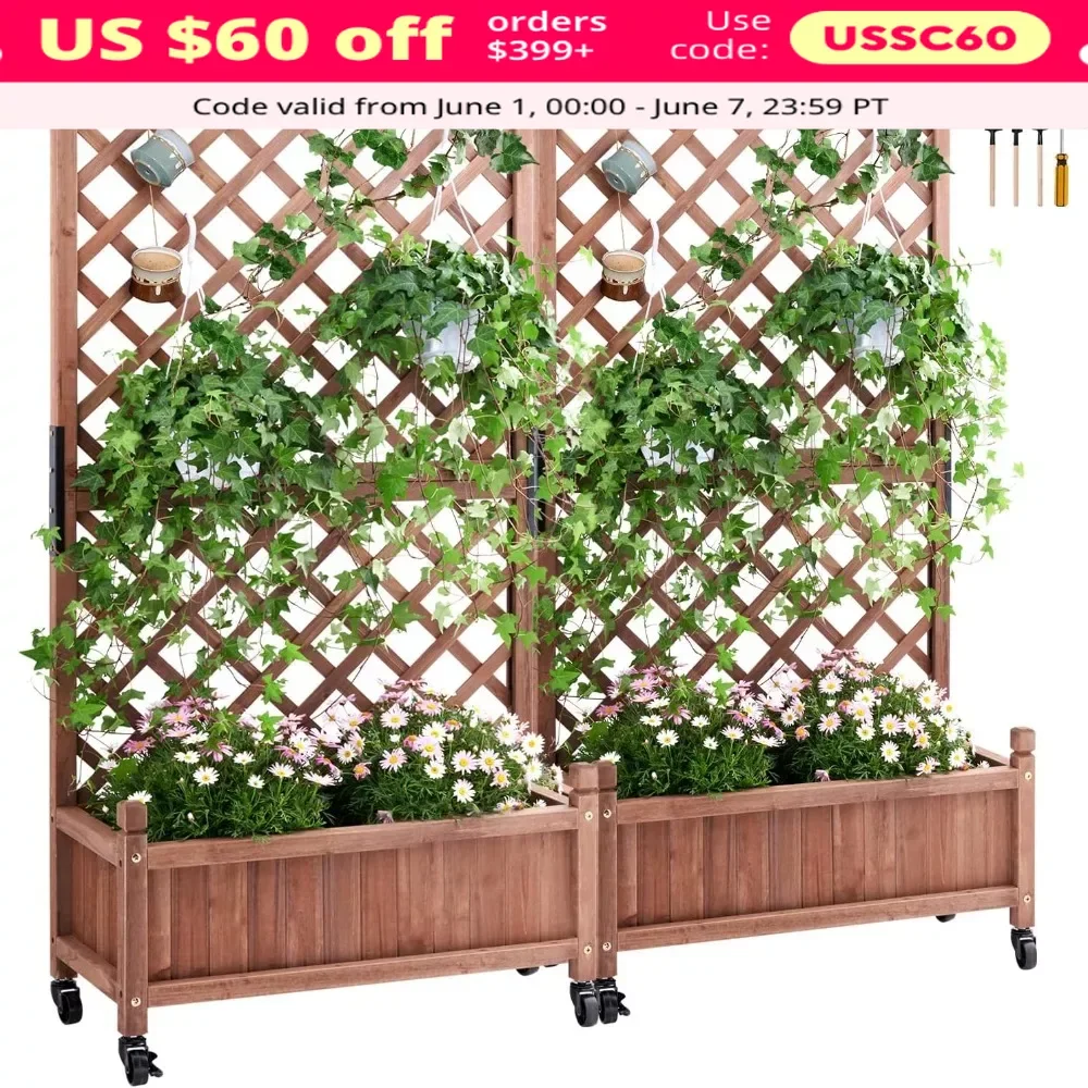 2PCS Wood Planter with Trellis, Raised Garden Bed with Drainage Holes, Free-Standing Trellis Planter Box, Planter with Trellis