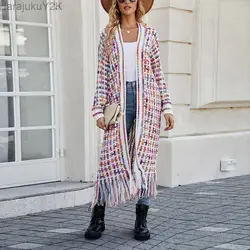 Artystyczny sweter damski w stylu Vintage odzież zimowa z frędzlami kolorowa smukła długa kurtka damska moda dzianinowy płaszcz nowość