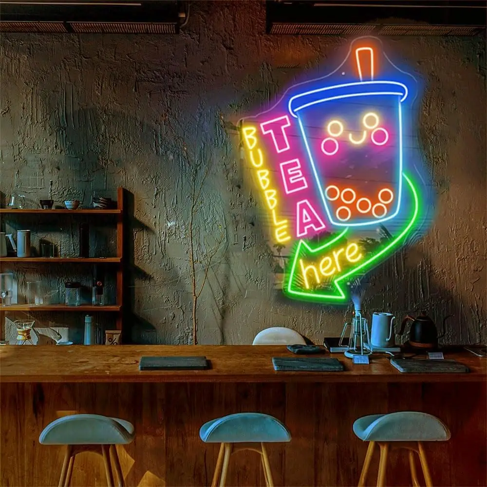 Bubble Tea Neon Sign Cute Smiley Boba Tea LED Neon Light for Milk Tea Shop Cafe Bedroom Business Wall Decor Christmas Gift