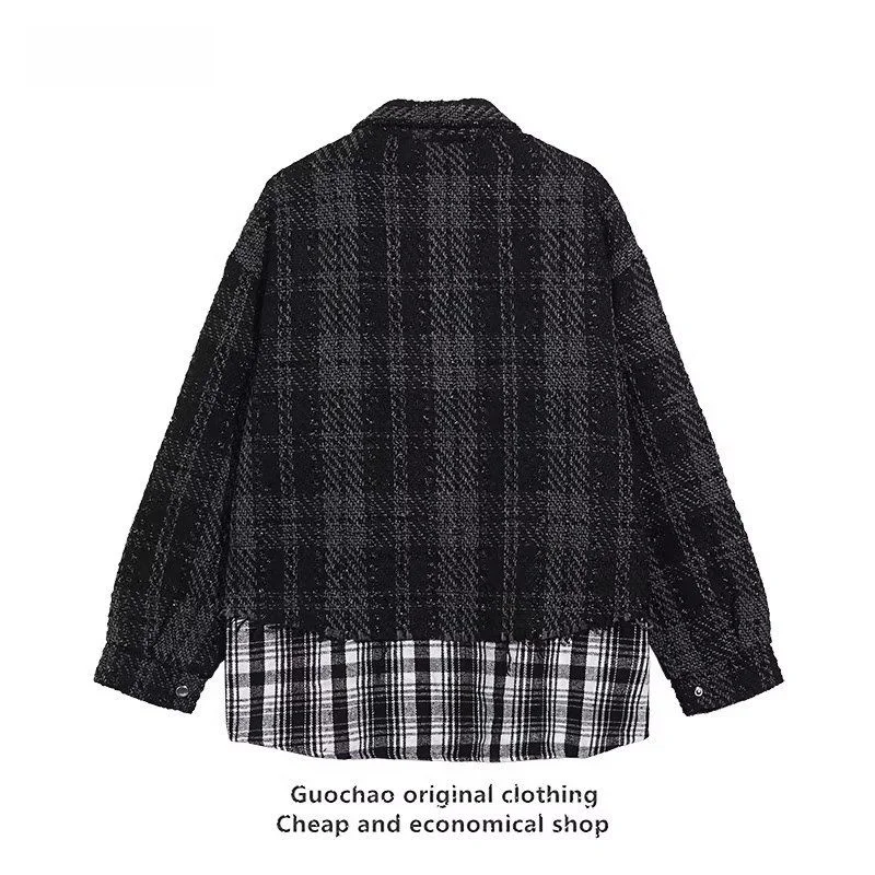 ルーズメンズチェック柄ジャケット Mr. Fu De スモールフレグランススタイル織り接ぎデザイントレンディコットンアウターウェア半袖シングルボタン