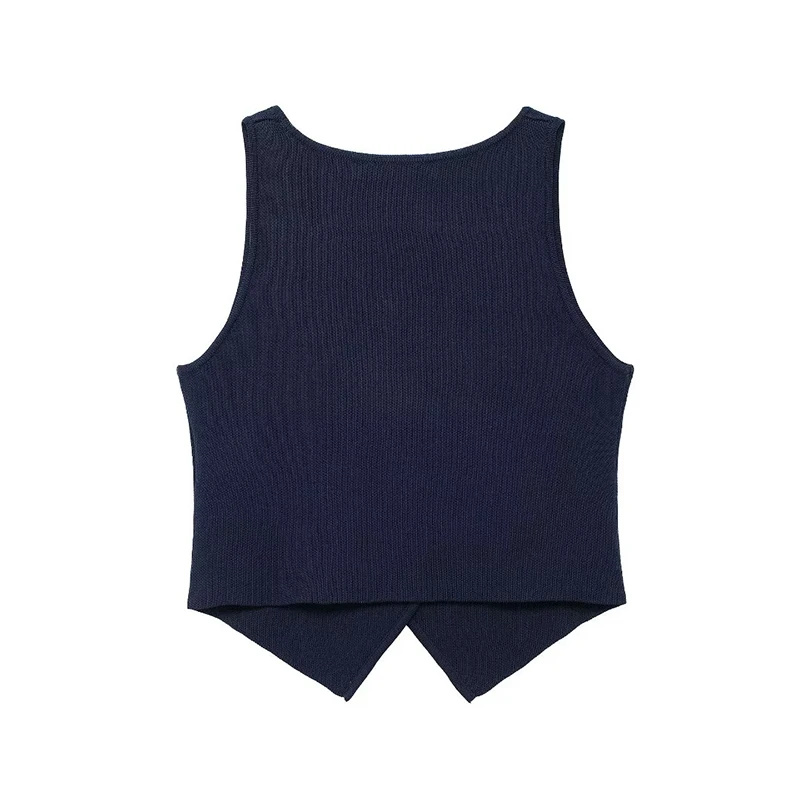 Willshela Women Fashion Navy Blue Single Breasted Knitted Vest Tank Tops Vintage V-Neck Sleeveless Female Chic Lady Top