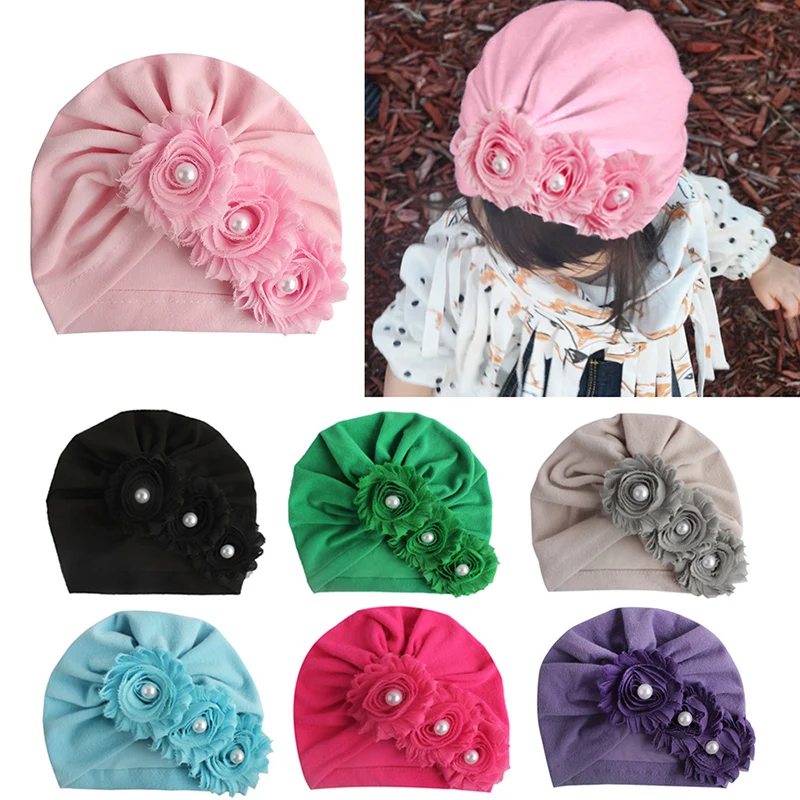 

Summer Cotton Kids Hats Newborn Baby Flower Pearl Design Girls Caps Elastic Infant Hat Kids Accessories for 1-3 Years Old