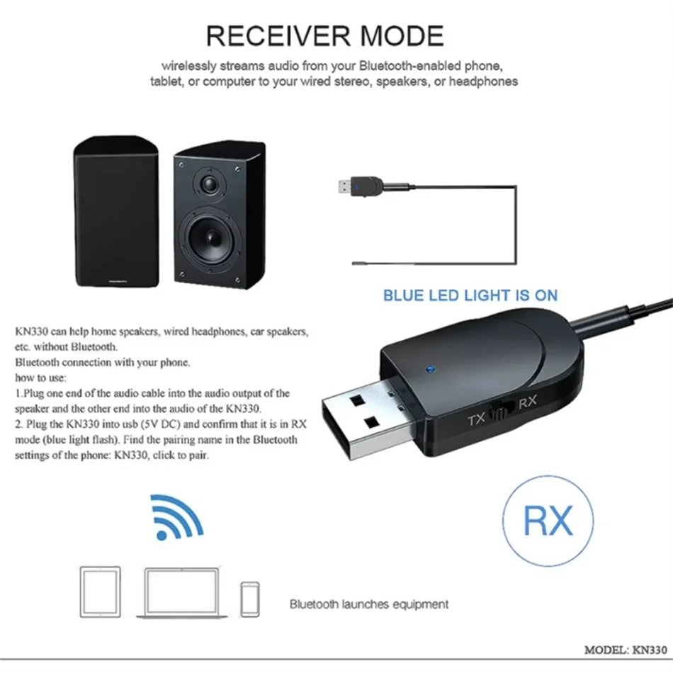 

2 In 1 Bluetooth 5.0 Receiver Transmitter 3.5mm Jack RCA AUX USB Stereo Audio Wireless Adapter For Car Speaker TV PC Headphones