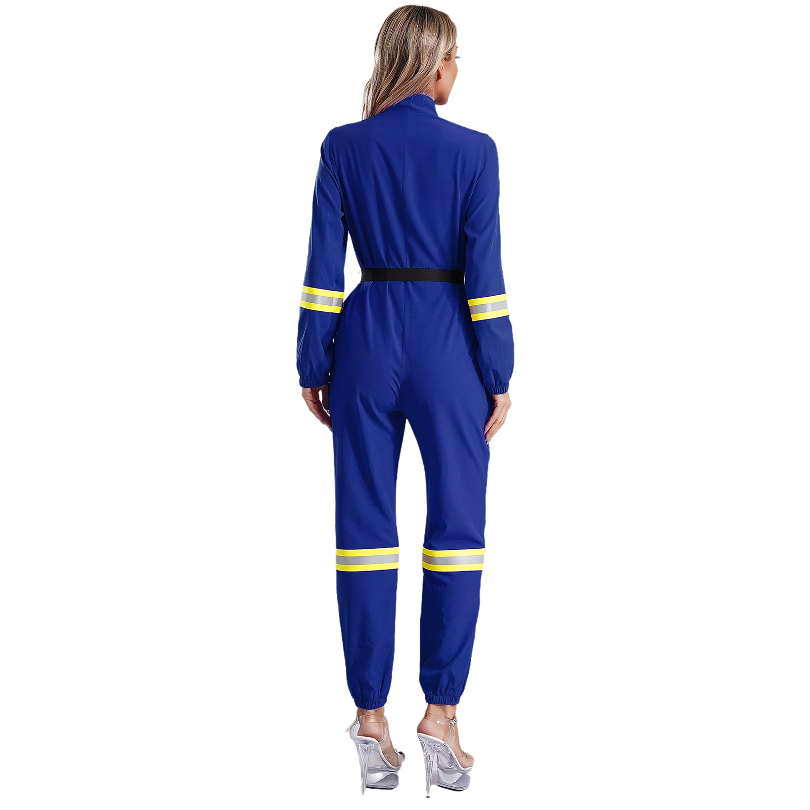 Womens Firefighter Coveralls Jumpsuit Firefighter Heroes Front Zipper Halloween Christmas Long Sleeve Cosplay Romper with Belt