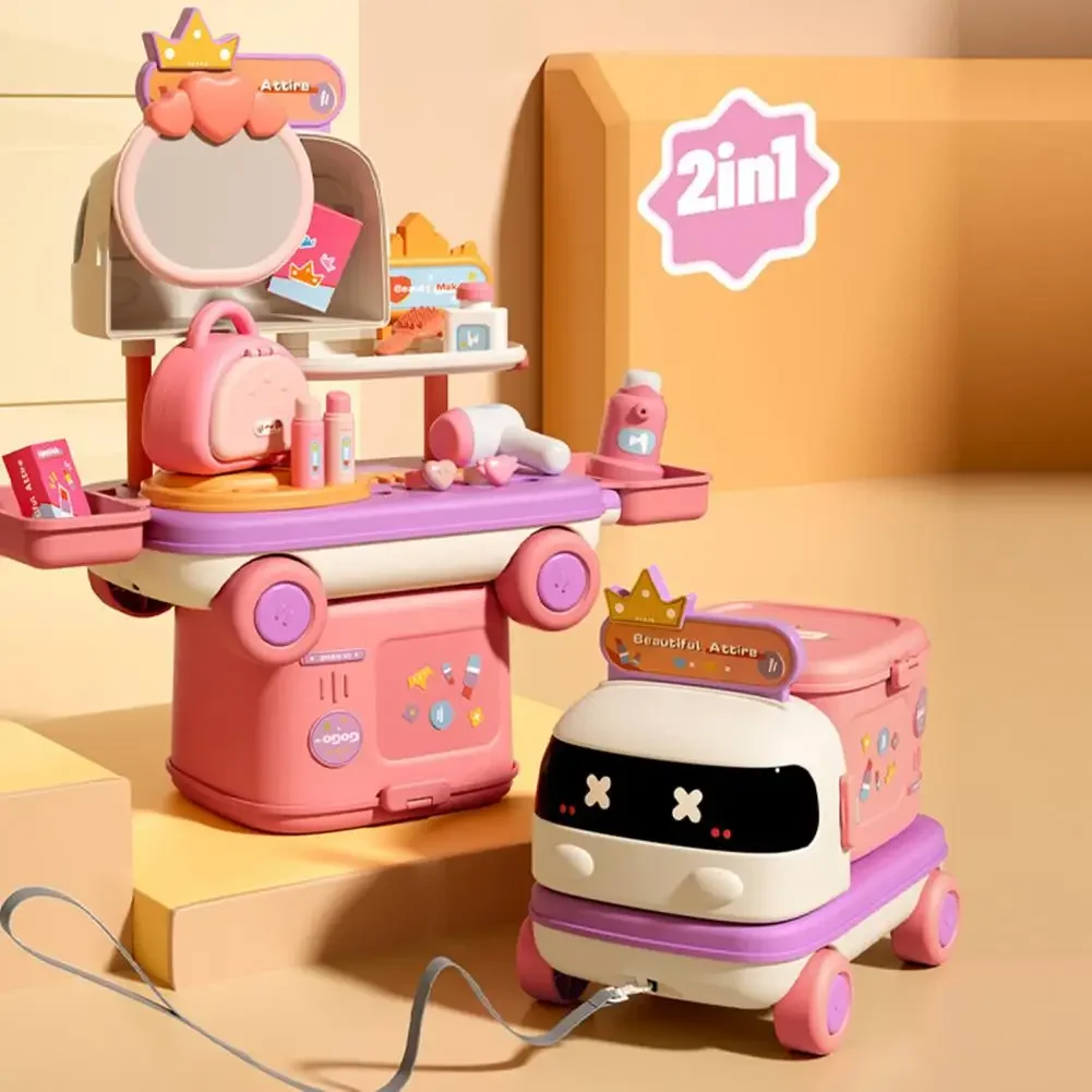 女の子向け2in1キッチン病院ごっこ遊びメイクアップおもちゃドクターセット、収納ボックス付き子供向けインタラクティブロールプレイおもちゃ