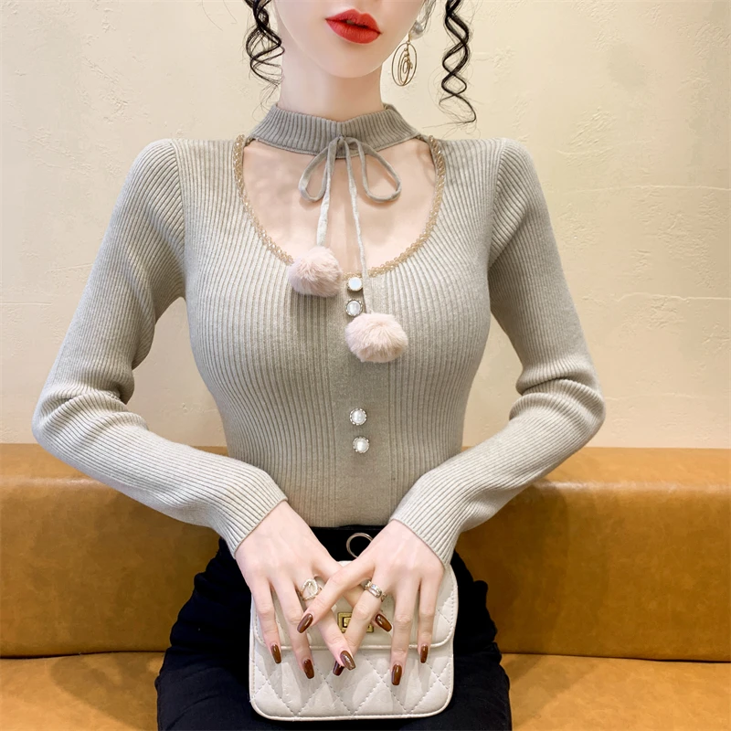 

2025, новинка, европейский, одежда, вязаный, свитер, женский, шикарный, сексуальный, макет шеи, выдалбливание, бисер, уздечка для волос, длинный рукав, топы, 412139