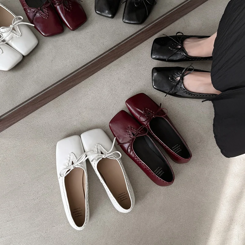2026new spring autumn women pumps natural leather 22-25 cm split leather+sheepskin+pigskin square toe butterfly-knot women shoes