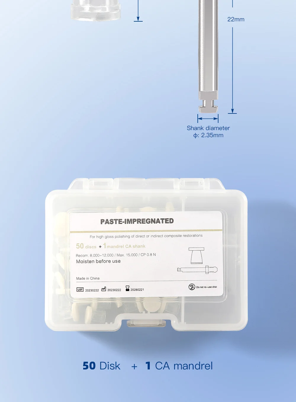 50 Stück/Box AZDENT Dental-Komposit-Polierscheiben, mit Paste imprägnierte Filzräder, 50 Scheiben, 1 Stück CA-Dorn, Einweg-Polierer – Detail 7
