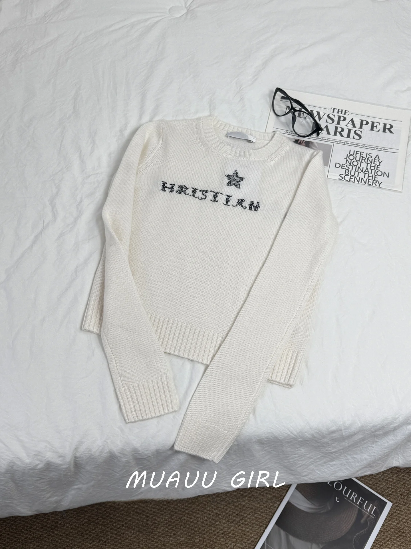MUAUU GIRL Premium Version Knitted Cashmere round Neck Sweater Letter Embroidery Casual Style Spring Collection Women's Fashion