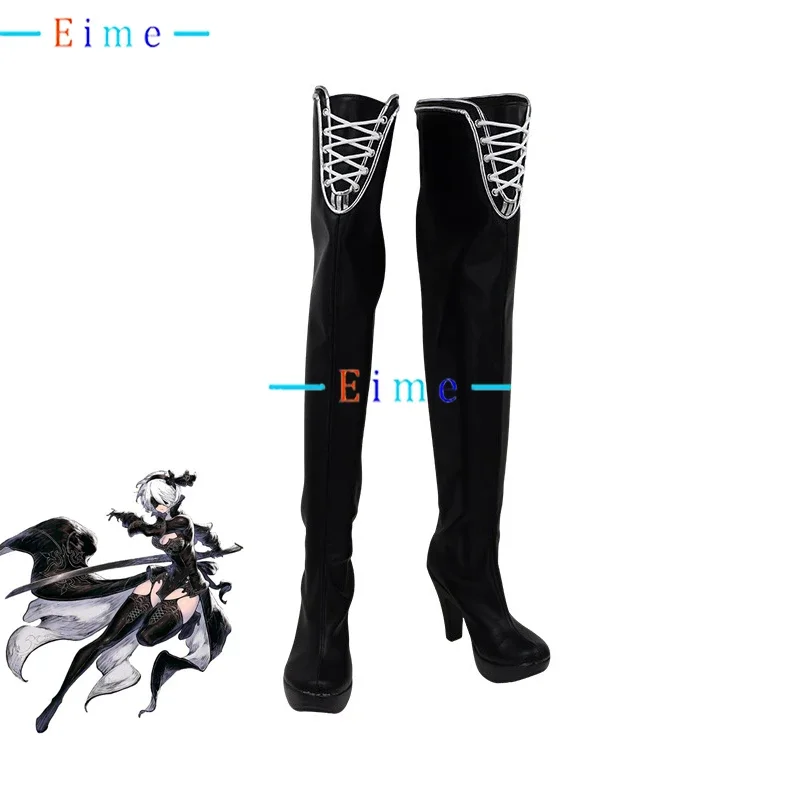 2B Cosplay Shoes PU Leather Shoes Halloween Carnival Over Knee Boots Anime Accessories Cosplay Prop Black High Heels Custom Made