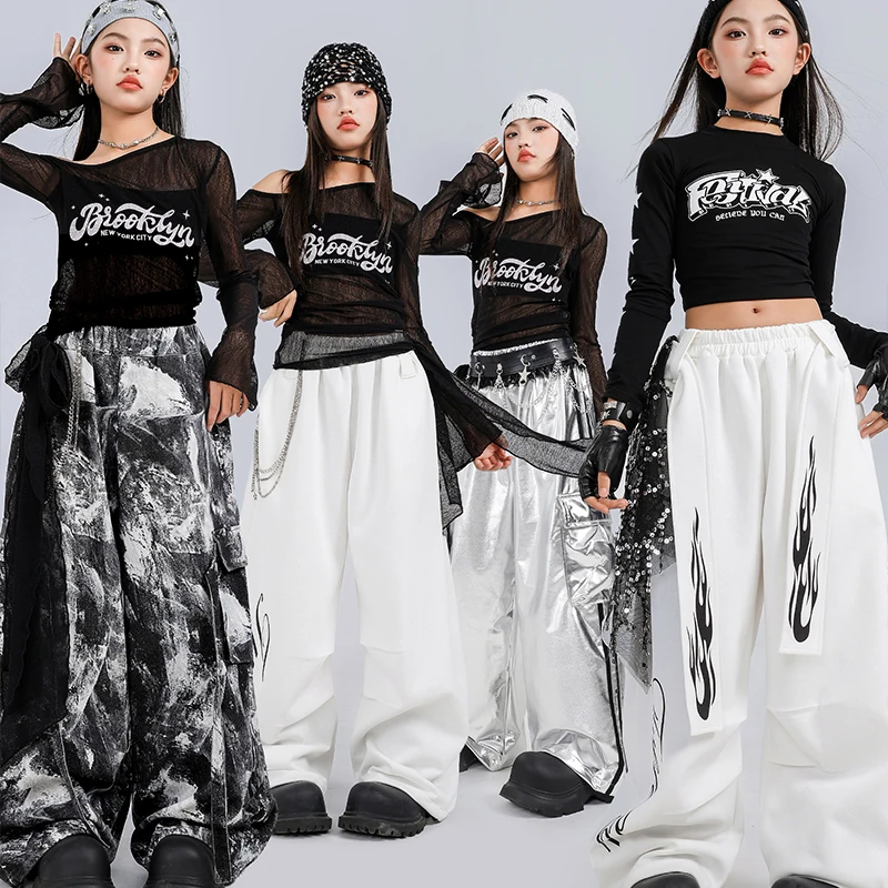 

K-pop сетчатые майки для девочек, рубашка, брюки-карго для уличных танцев, детские комплекты одежды в стиле хип-хоп, джаз, групповая одежда для девочек, детский уличный костюм