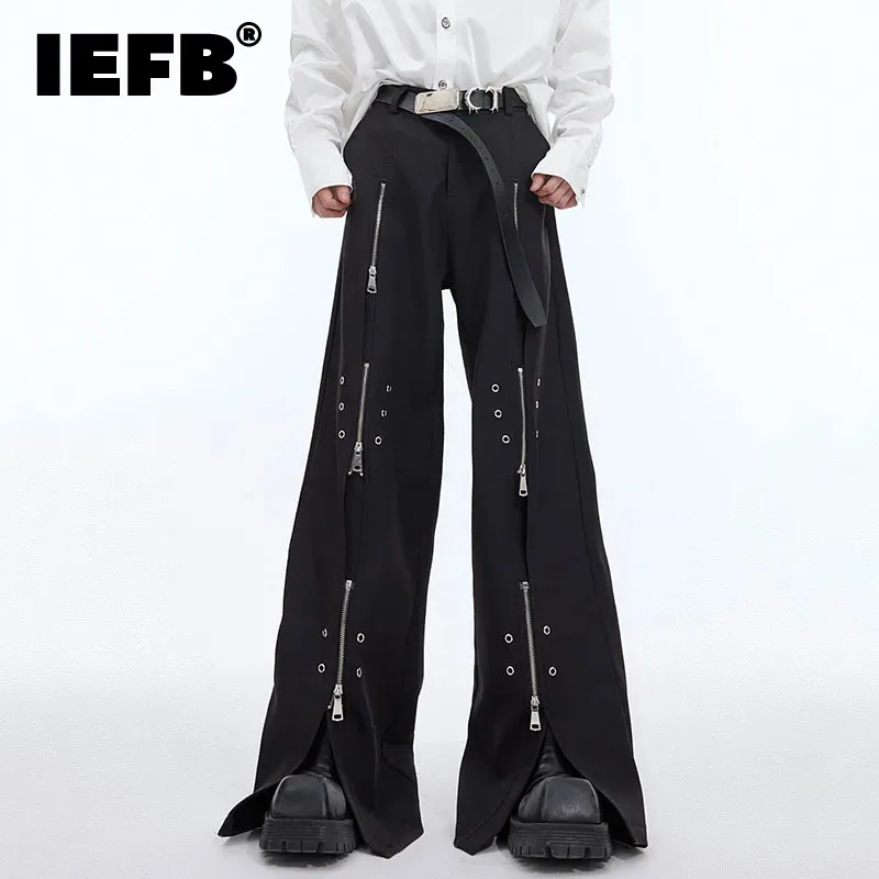 

IEFB Male Straight Pants Niche Design Multi-zipper Metal Decoration Solid Color Slit Men's Wide Leg Trousers Personality 9C4726