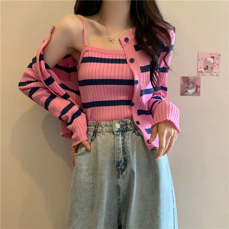 Long Sleeve Sets Two Pieces Button Fashion Cardigan Casual Elegant Women Y2K Tank Cami Spliced Chic Holiday Korean Clothing Tops