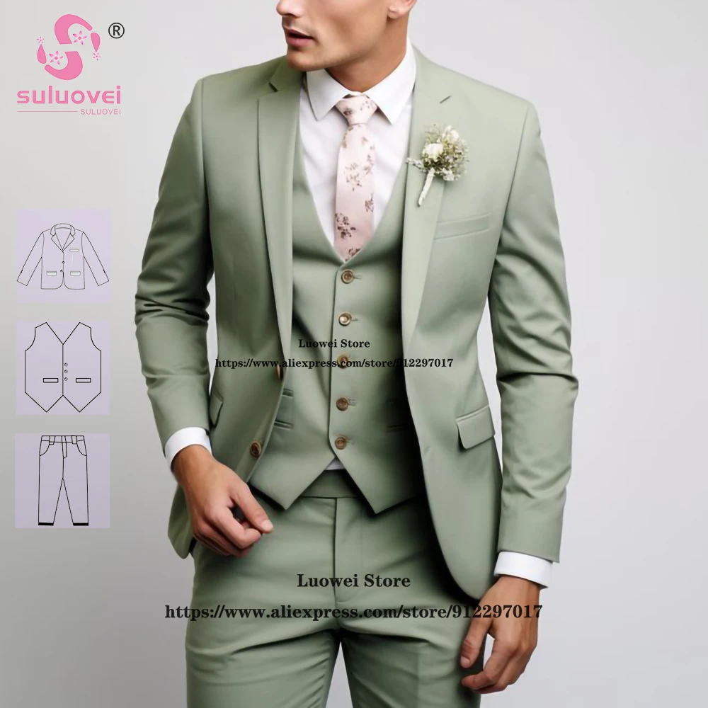 

Fashion Water Green Slim Fit Suits For Men Fashion 3 Piece Jacket Pants Set Formal Groom Wedding Tuxedo Traje De Hombre Elegante