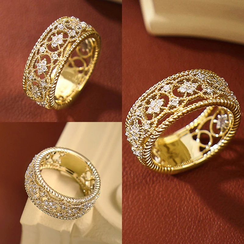 Huitan Vintage Hohl Finger Ring für Frauen Gepflastert Glänzenden Kubischen Zirkon Gold Farbe Ästhetische Weibliche Ringe Täglichen Verschleiß Party Schmuck