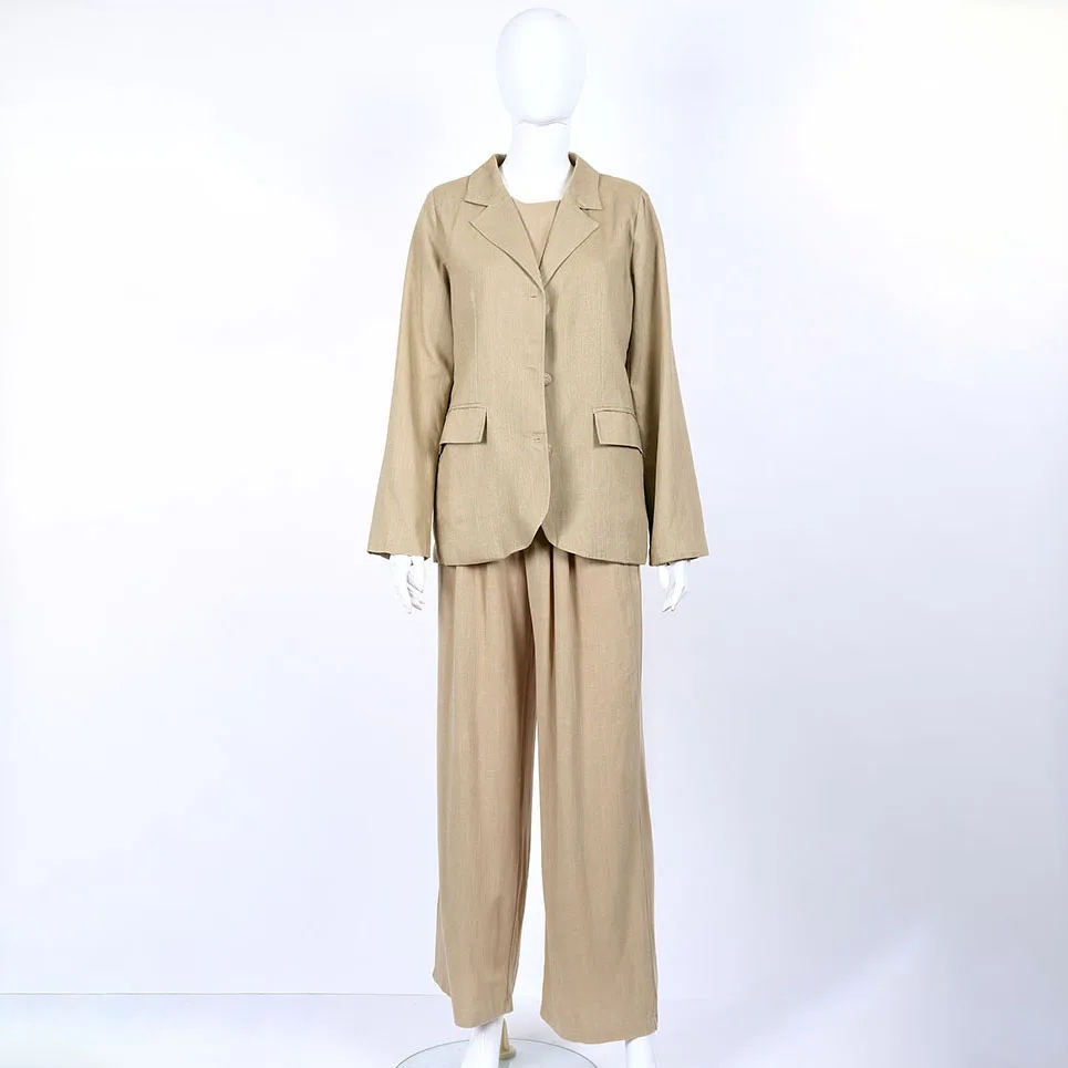 

Весна 2024, женский бежевый льняной пиджак, комплект, свободные широкие брюки, офисный женский комплект из двух предметов, повседневная модная верхняя одежда