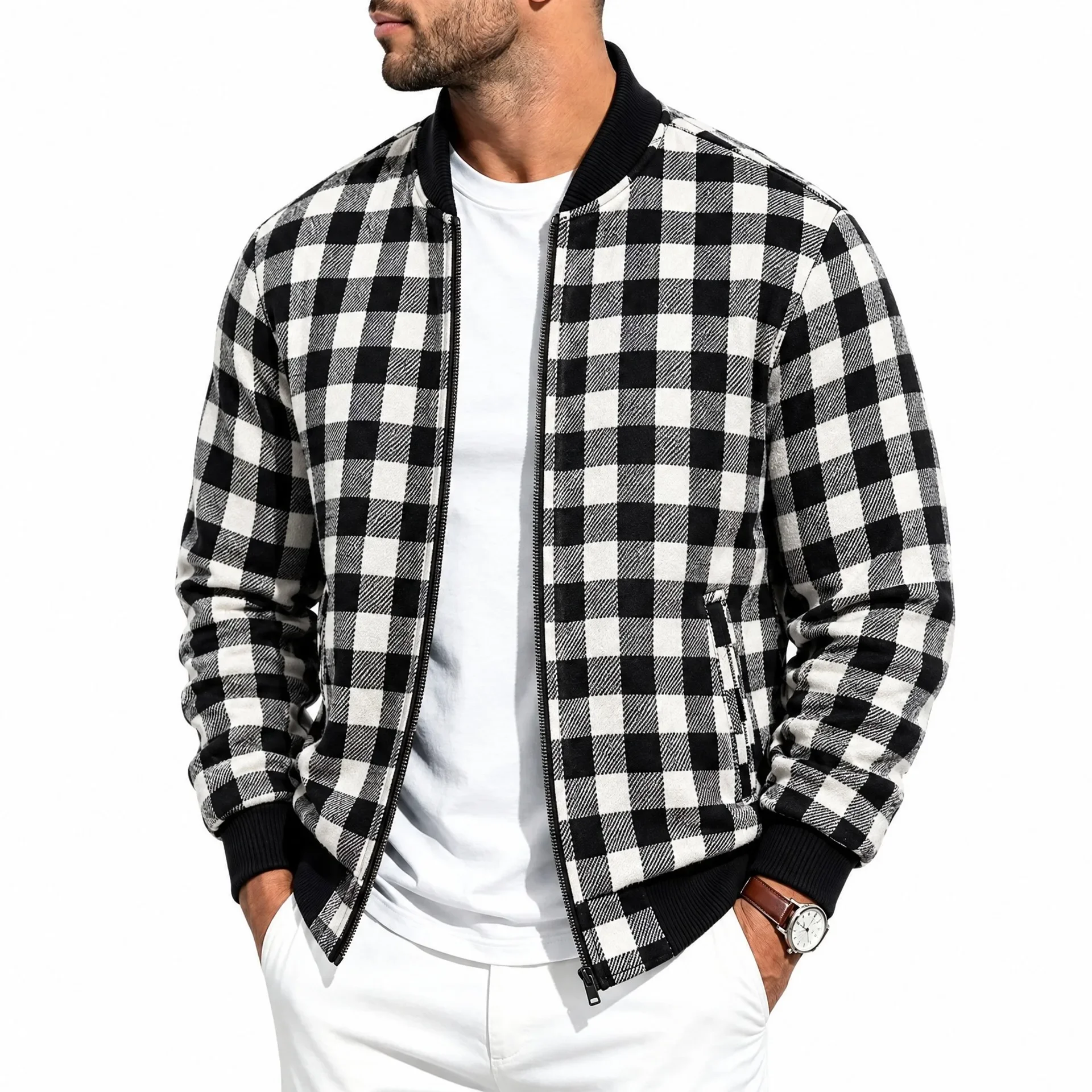 New Spring Autumn Stand Collar Zip Up Casual Loose Jackets Men's Classic Plaid Baseball Jackets with Pocket Male Daily Streetwar