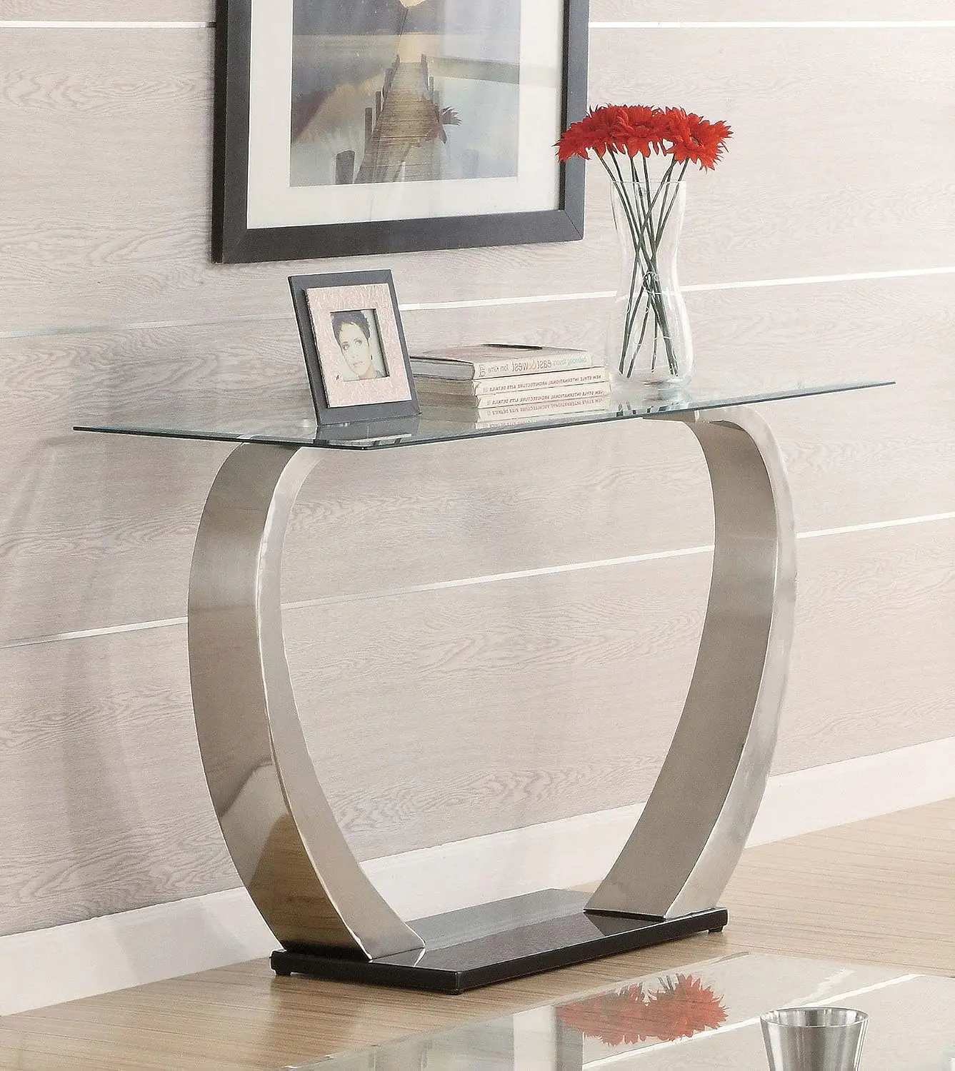 Glass & Metal Console Table Tempered Top Hallway Living Room 48 Inch Black Silver, Customized