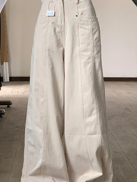 アメリカンハイウエストカジュアルパンツ レディースプラスサイズ ルーズドレープストレートレッグジーンズ ワイドレッグパンツ ベージュ