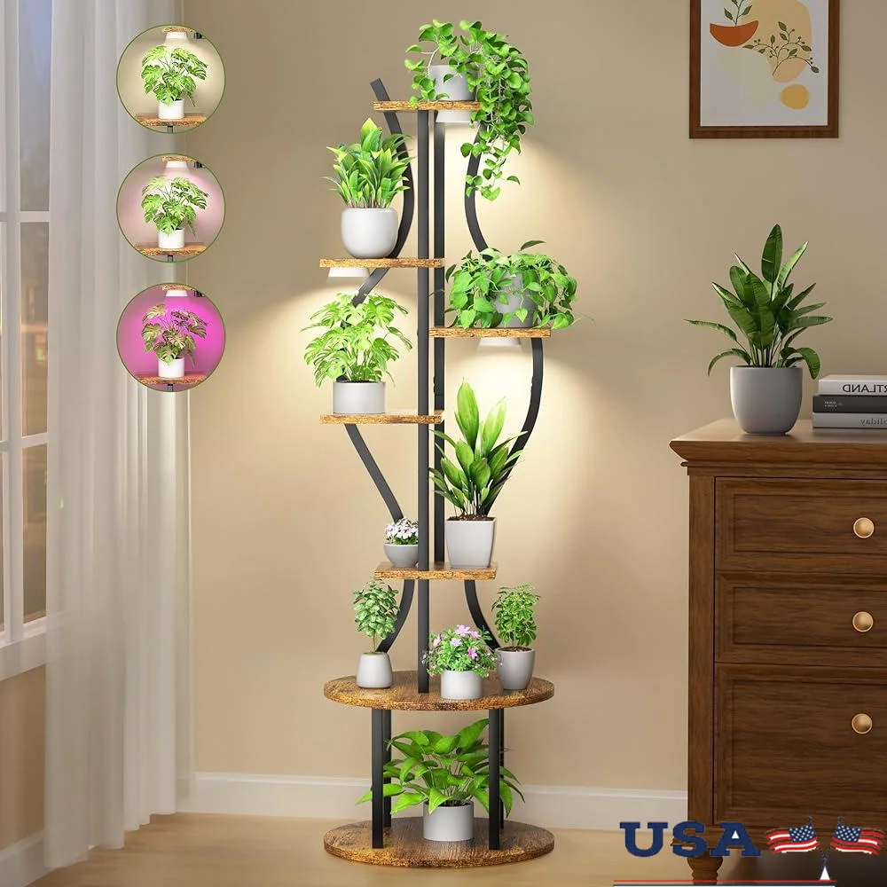 

Indoor Plant Stand with Grow Lights 7 Tier Metal Shelf Lighted Planters Multi Plants Display Corner Flower Holder Stable Design