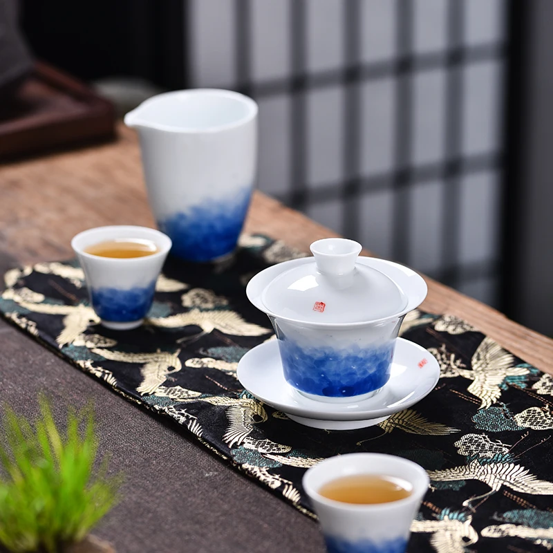 Jingdezhen White Porcelain Blue and White Flower Complete Kung Fu Tea Set, Modern and Simple Household Three Talent Cover Bowl T