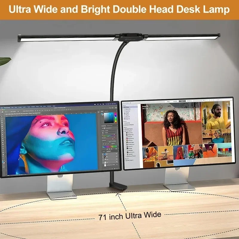 Lámpara de escritorio LED de doble cabezal, tubo Flexible de cuello de cisne con luz de relleno de Clip, lámpara de mesa de protección ocular ajustable de 10 niveles