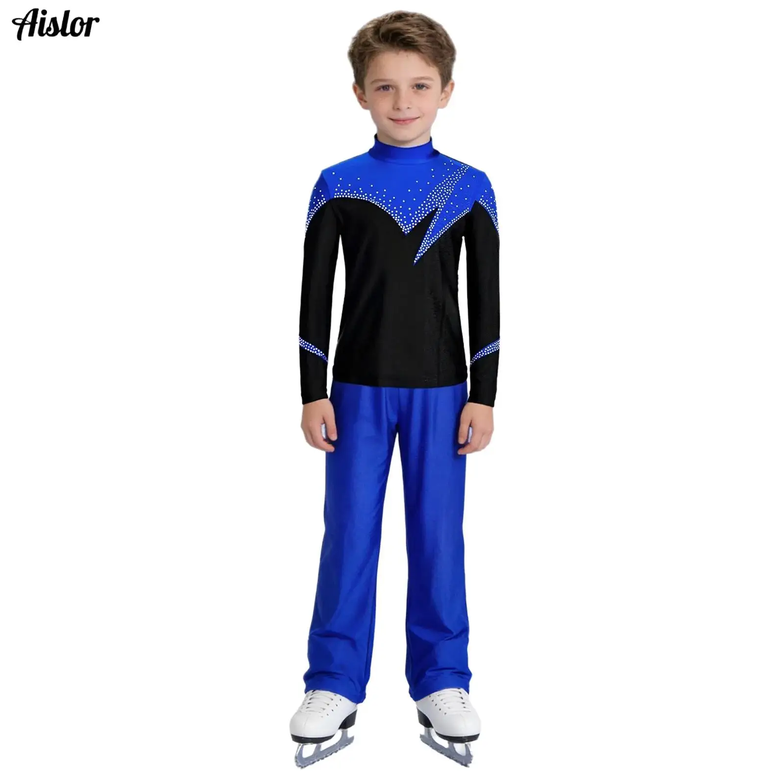 Boys Girls Figure Ice Skating Dance Outfit Long Sleeve Zip Up Tops T Shirts with Legging Pants Ballet Dance Gymnastics Sets