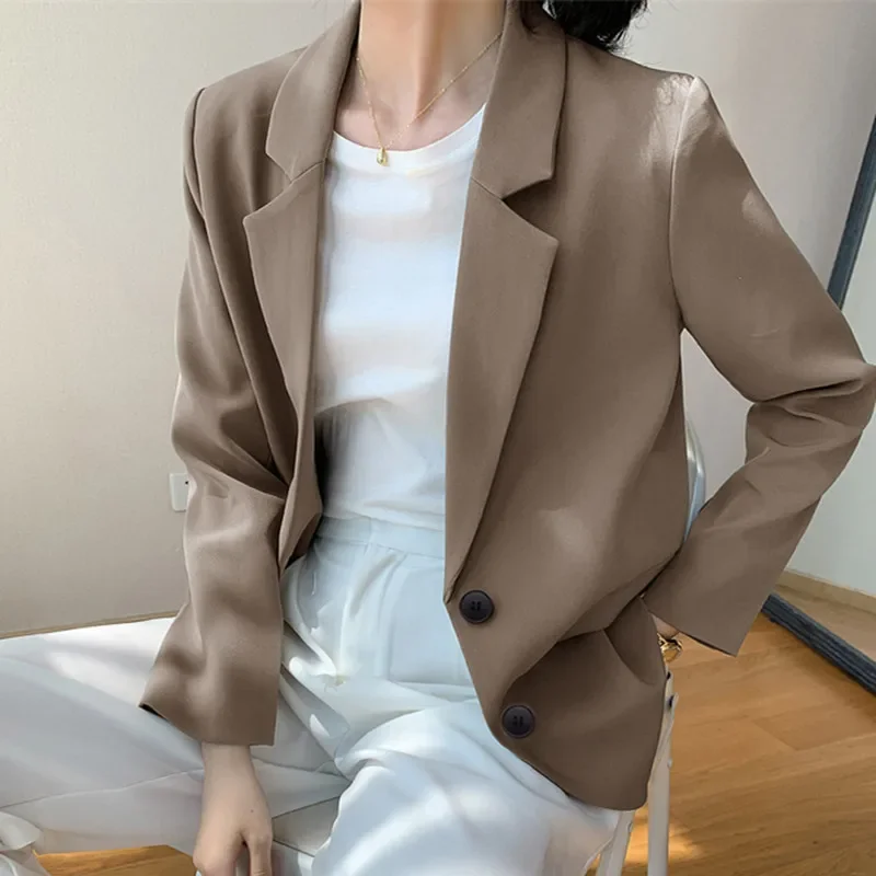 Khaki Suit Jacket for Women Autumn New Korean Loose Blazer Office Lady Tailored Collar Retro Chic Casual Solid Blazers Women