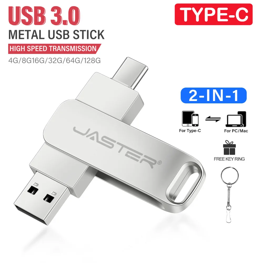 

JASTER TYPE-C USB3.0 2 в 1 флэш-накопитель 128 ГБ высокоскоростной флэш-накопитель USB 3.0 64 ГБ металлическая карта памяти 32 ГБ бесплатный брелок USB-накопитель