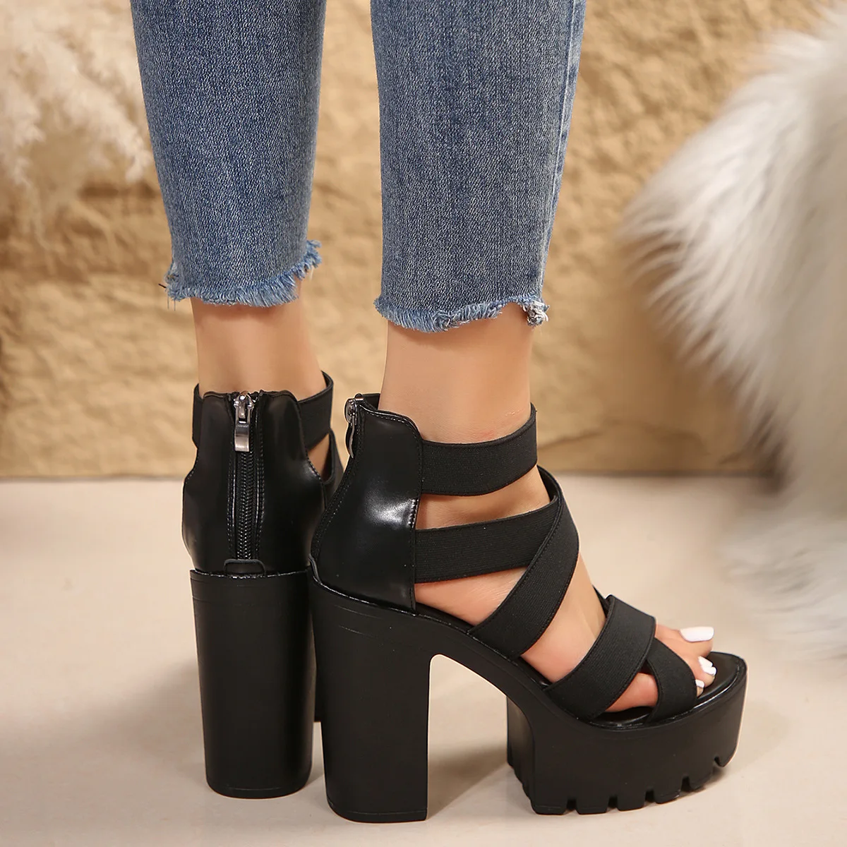 2024 Punk Style Chunky High Heels Platform Sandals Women Open Toe Slip On Stretch Ankle Strap Summer Shoes Female Zapatos Mujer