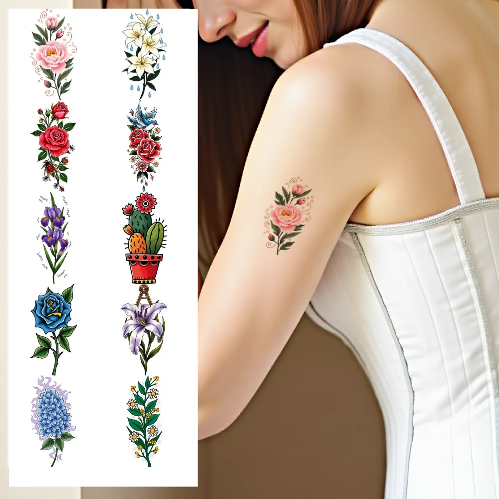 

28pcs Temporary Tattoo waterproof long-lasting body stickers Roses Cactus Sunflower for chest Adults arms
