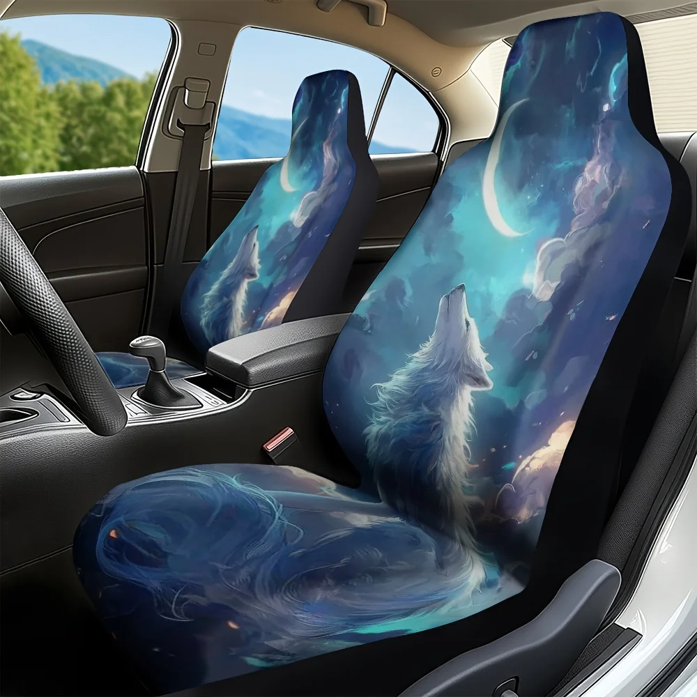 2pcs Modern White Wolf Moon Fantasy Car Seat Covers - Lightweight, Easy To Clean, Fits Most Vehicles, Stylish Blue & White Desig