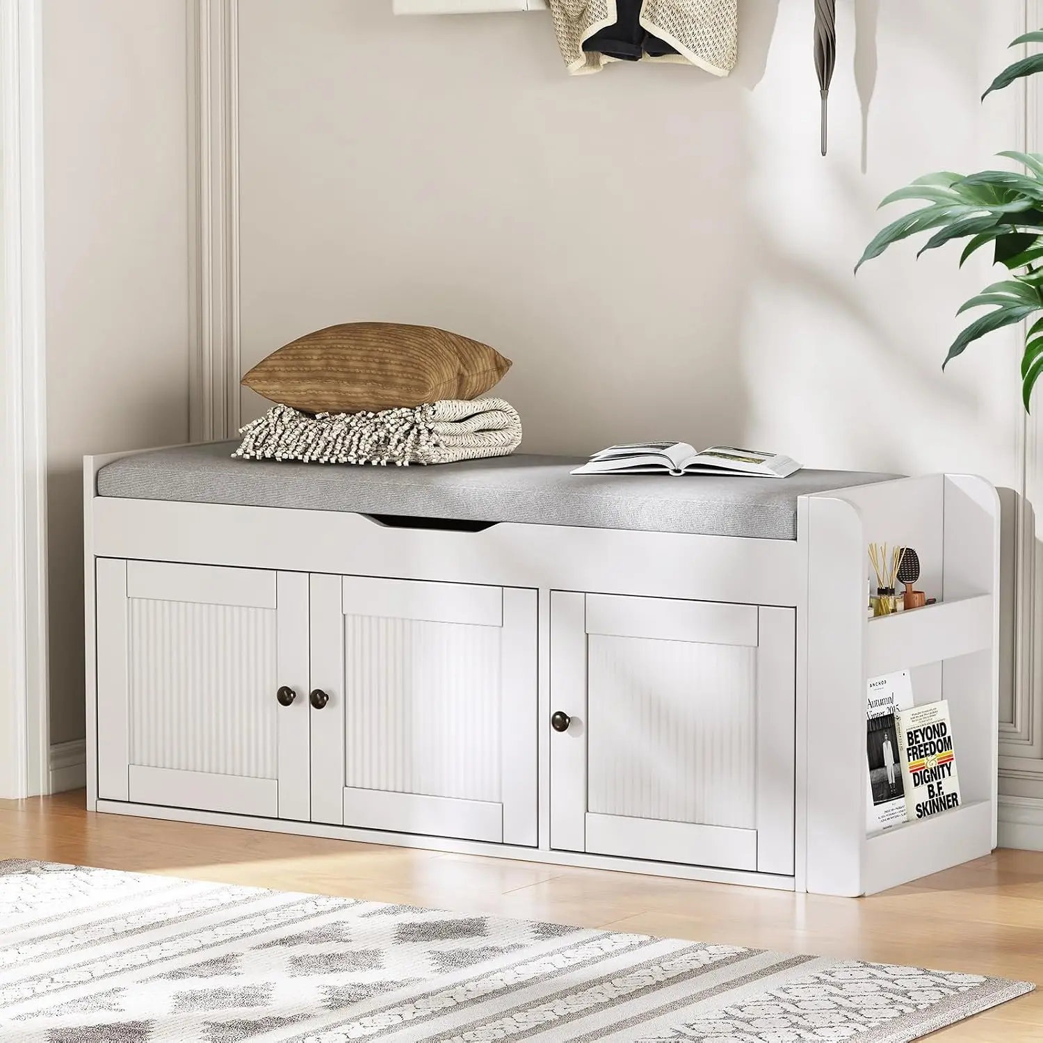 Shoe Storage Bench With Side Shelves Organizer, Entryway Bench With Lift Top Padded Cushion, Hidden Cabinet Shoe Rack Organizer, Modern Farmhouse Style, White