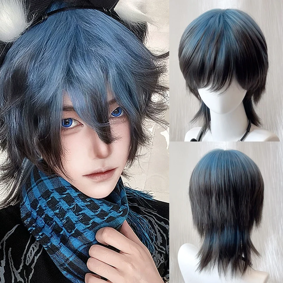 ボーイズメンズウィッグ合成オンブルブルーショートファイバーレイヤードヘア耐熱ナチュラルスムーズコスプレパーティーセルフィー
