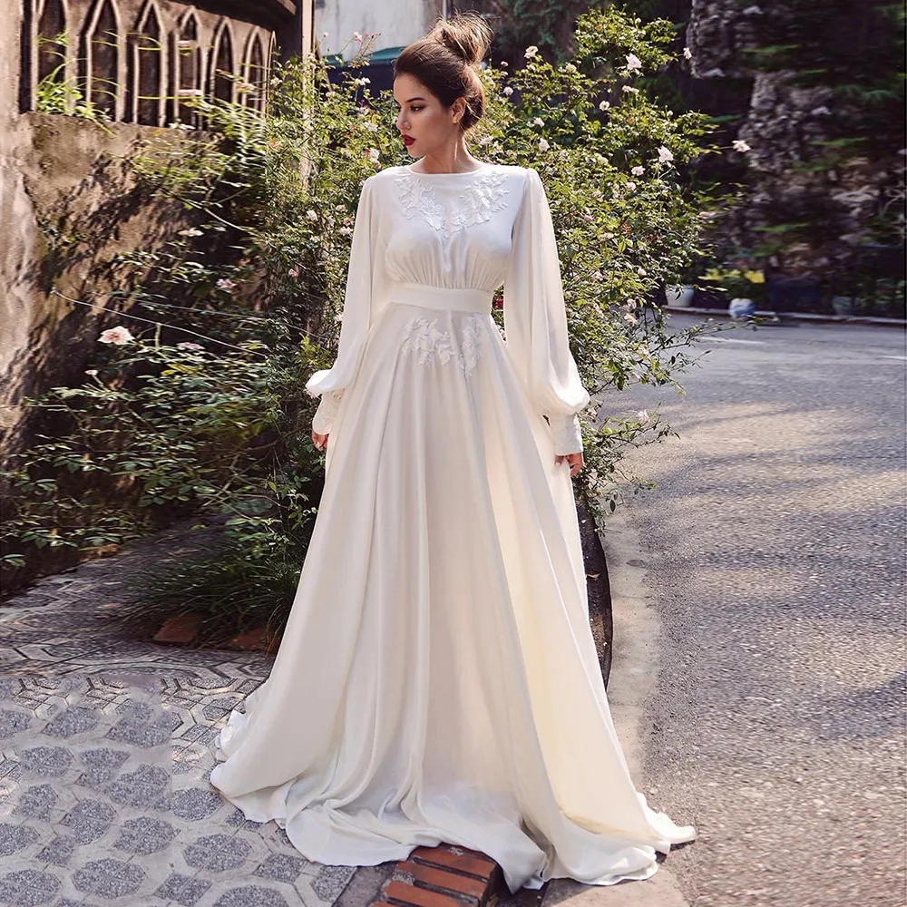 

2024 Boho Lace Appliques Simple A-Line Soft Satin Wedding Dresses Long Puff Sleeves Bridal Gown vestido de noiva Vintage Wedding