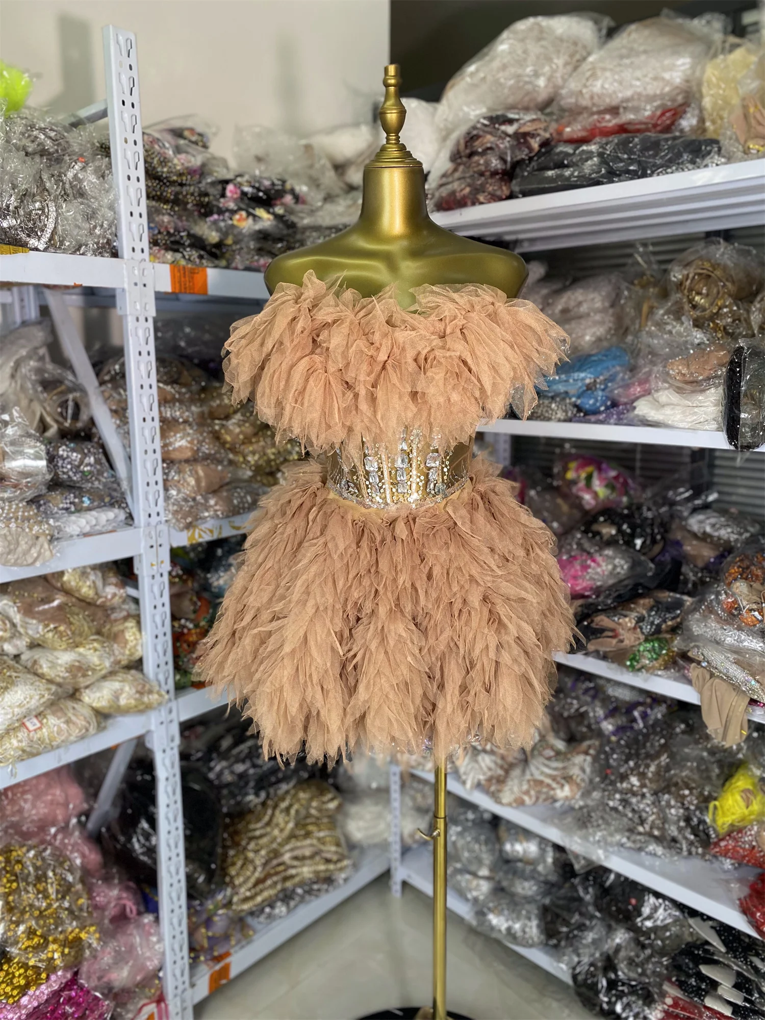 

Costume bar Valentine's Day powder puff gauze skirt diamond dress female singer and dance team Two Piece Set Outfits
