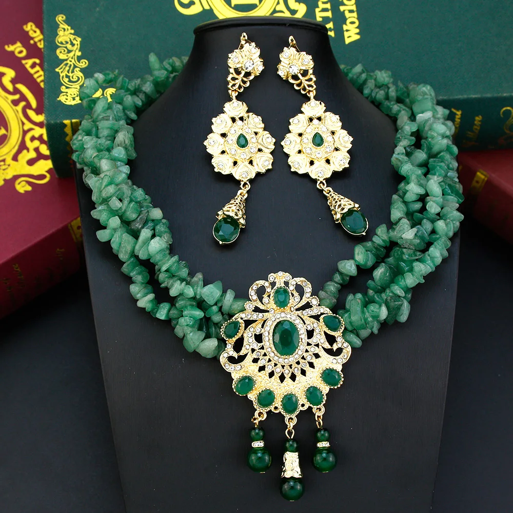 

Sunspicems Stone Beads Choker Necklace Women Long Drop Earring Morocco Bride Jewelry Arabic Wedding Jewelry Set Algeria Necklace