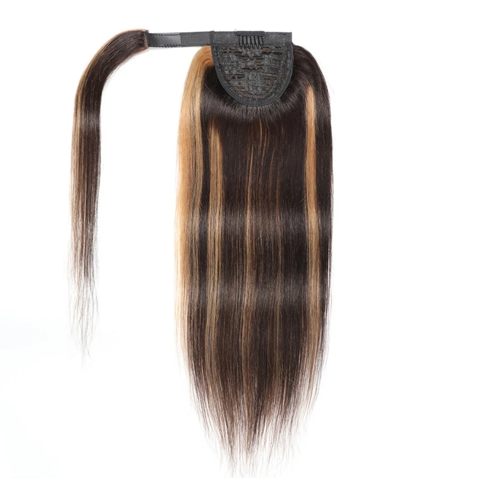 Hoogtepunt P4/27 Trekkoord Paardenstaart Menselijk Haar Lange Rechte Clip In Paardenstaart Wrap Around Braziliaanse Remy Hair Extension Twee tone