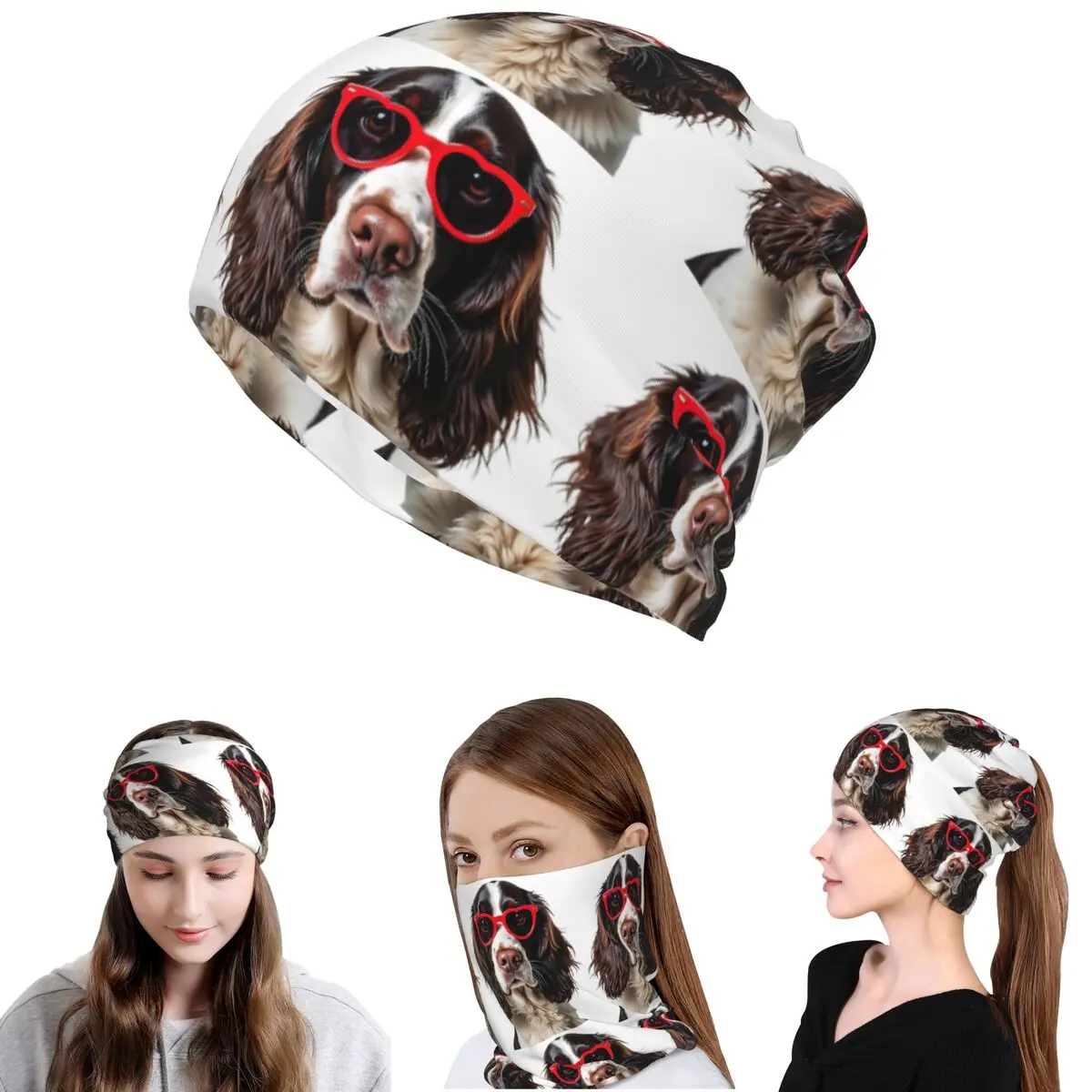 

English Springer Spaniel Dog Wearing A Heart Shape Sunglasses Bandana Neck Cover Face Scarf Headband Beanies Hat for Men Women
