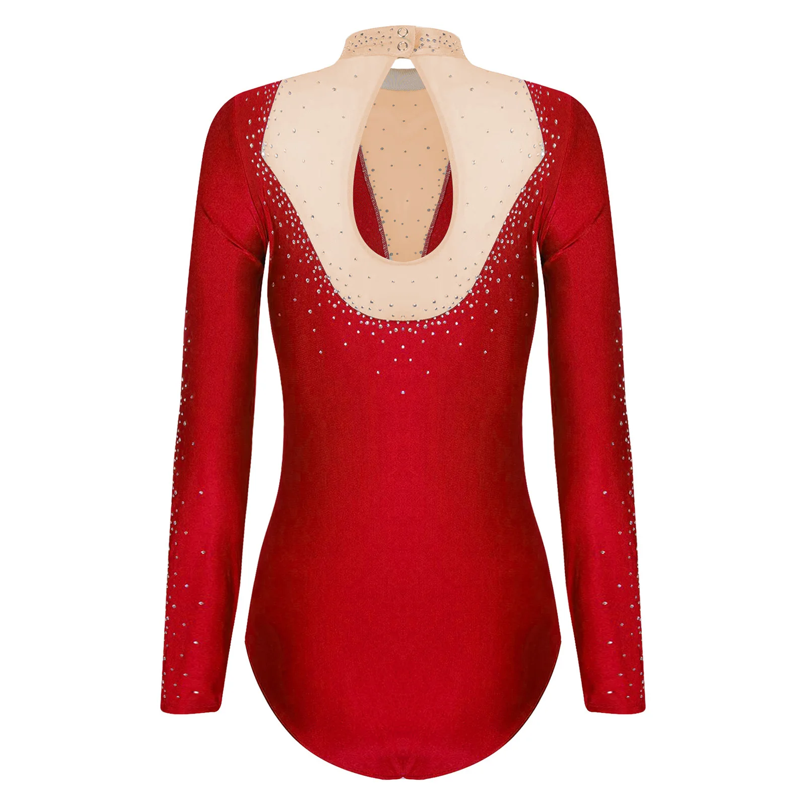 Womens Shiny Rhinestone Gymnastics Figure Skating Dance Tight Fitting Jumpsuit Long Sleeve Sheer Mesh Ballet Jersey Costume