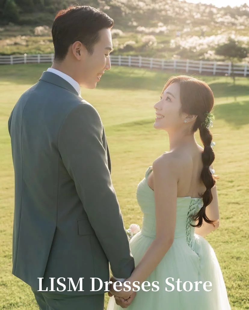 LISM Simple A-Line Korea Wedding Dresses Photo Shoot Tulle Sleeveless Floor Length Elegant Evening Gowns웨딩드레스 Customized Corsets