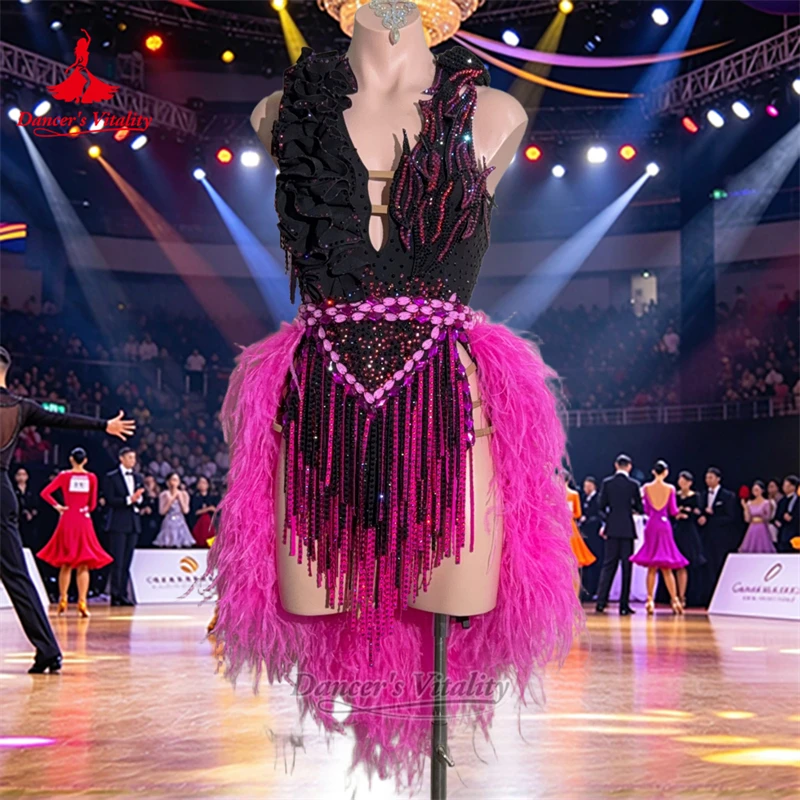 Female Latin Dance Feather Style Dresses Customized Adult Chacha Samba Rumba Jive Contest&Perform Clothing Dancer's Vitality