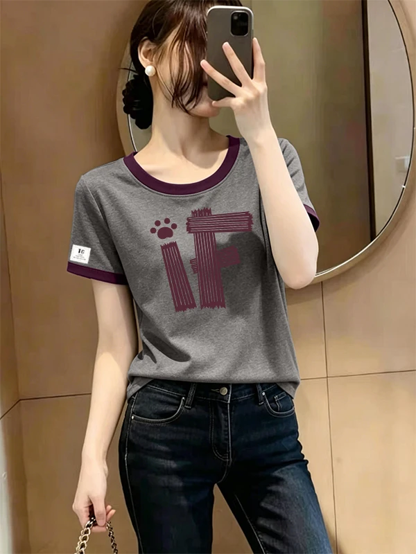 Large Size Short Sleeve T-Shirt Women's Summer Fashion Color Block round Neck Shoulder Appropriate Top Korean Style Cotton Blend