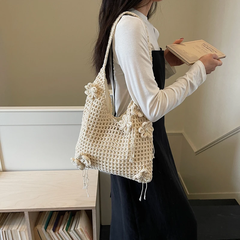 

New 3D Flower Woven Sweet Shoulder Bags Boho Handmade Crochet Tote Bag for Women Hollow Out Knit Beach Purse for Summer Vacation