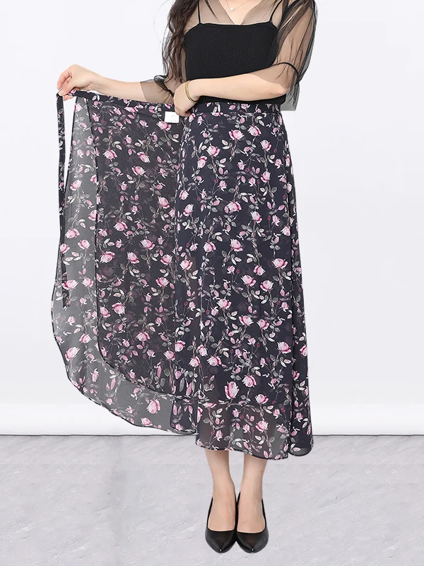 

Ele Floral Lace A-Line Skirt Thin Summer New Sle Women's Long Skirt Unique f-Body Chiffon Dr Sli And Beautiful