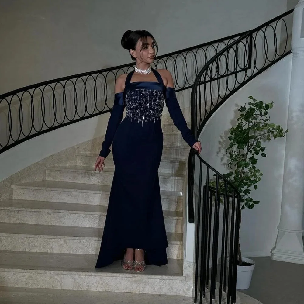 

Customized Exquisite Beading Women Prom Dress Half Sleeve Charming Mermaid Boat Neck Party Dress Ruffles Women Evening Gown