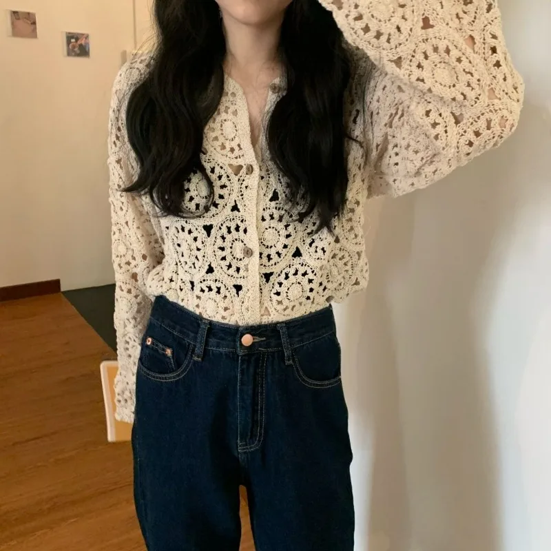 Hollow out sun cardigan top for women summer 2023 casual solid loose long sleeved hook lace small shirt short cardigan female